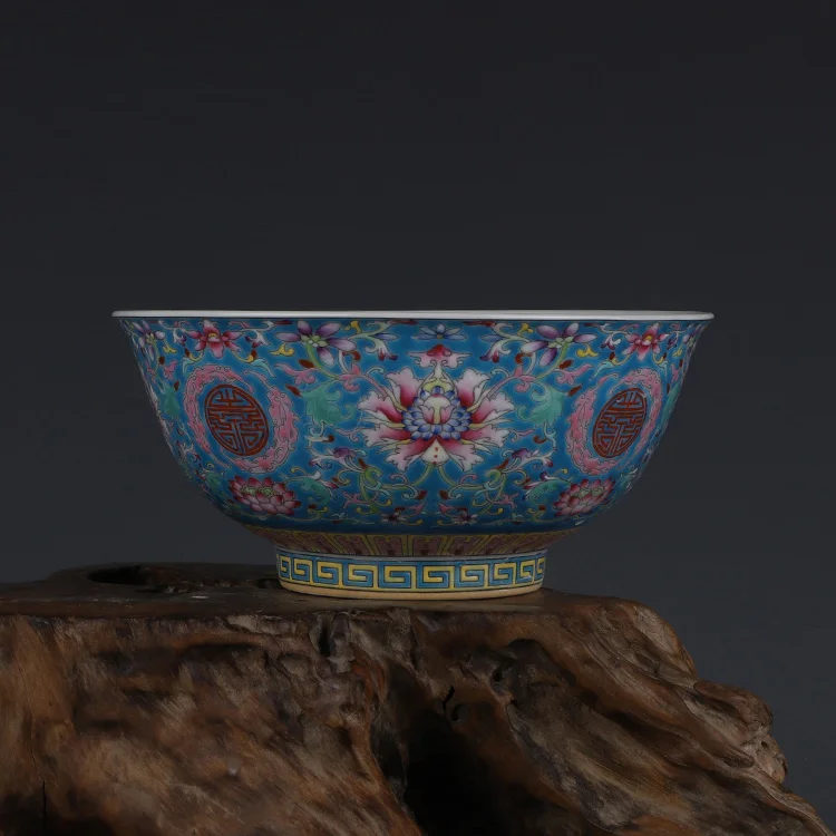 

Kangxi Blue Enamel Tangled Lotus Bowl Antique Jingdezhen Hand-painted Antique Porcelain Chinese Ornaments