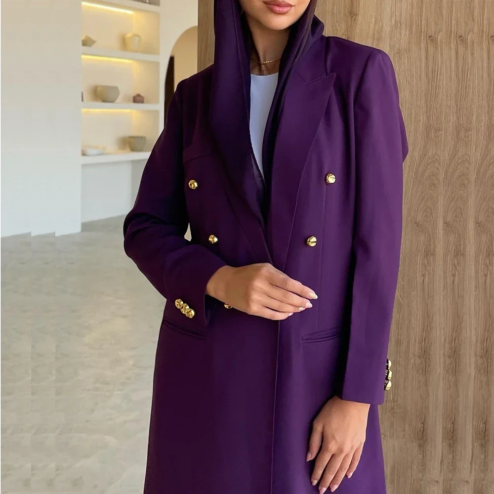 Double Breasted Elegant Purple Blazer Peak Lapel Long Costume Made Women Suits High Quality Muslim Abaya Jacket 1 Piece