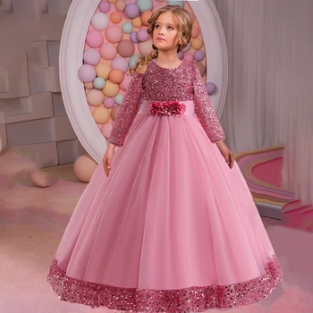 Long Sleeve Sequin Bridesmaid Girls Dresses Elegant Tulle Flower Wedding Princess Kids Party Dress for Girl Bow Chrismas Costume 1