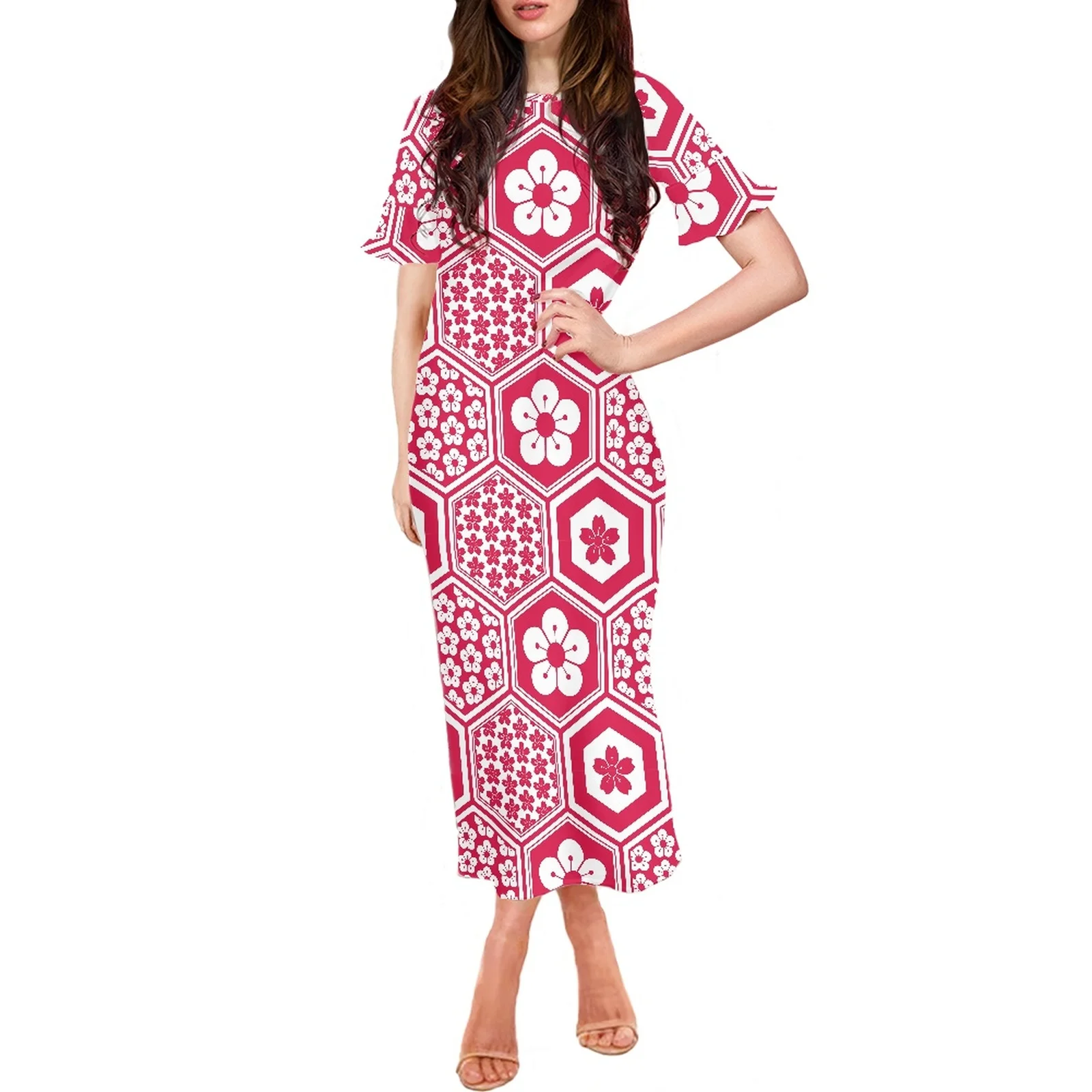 

Creative Japanese Cherry Blossom Element Print Hawaiian Style Dress Casual Lotus Sleeve Dress Short Sleeve Summer Dress