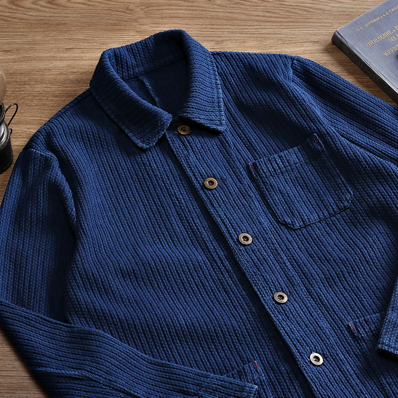 Indigo Cargo Jacket Men Vintage Heavy Weight Cotton Blue Dyed Workwear Tooling Jacket French Retro Multi-pocket Cardigan Coat 3