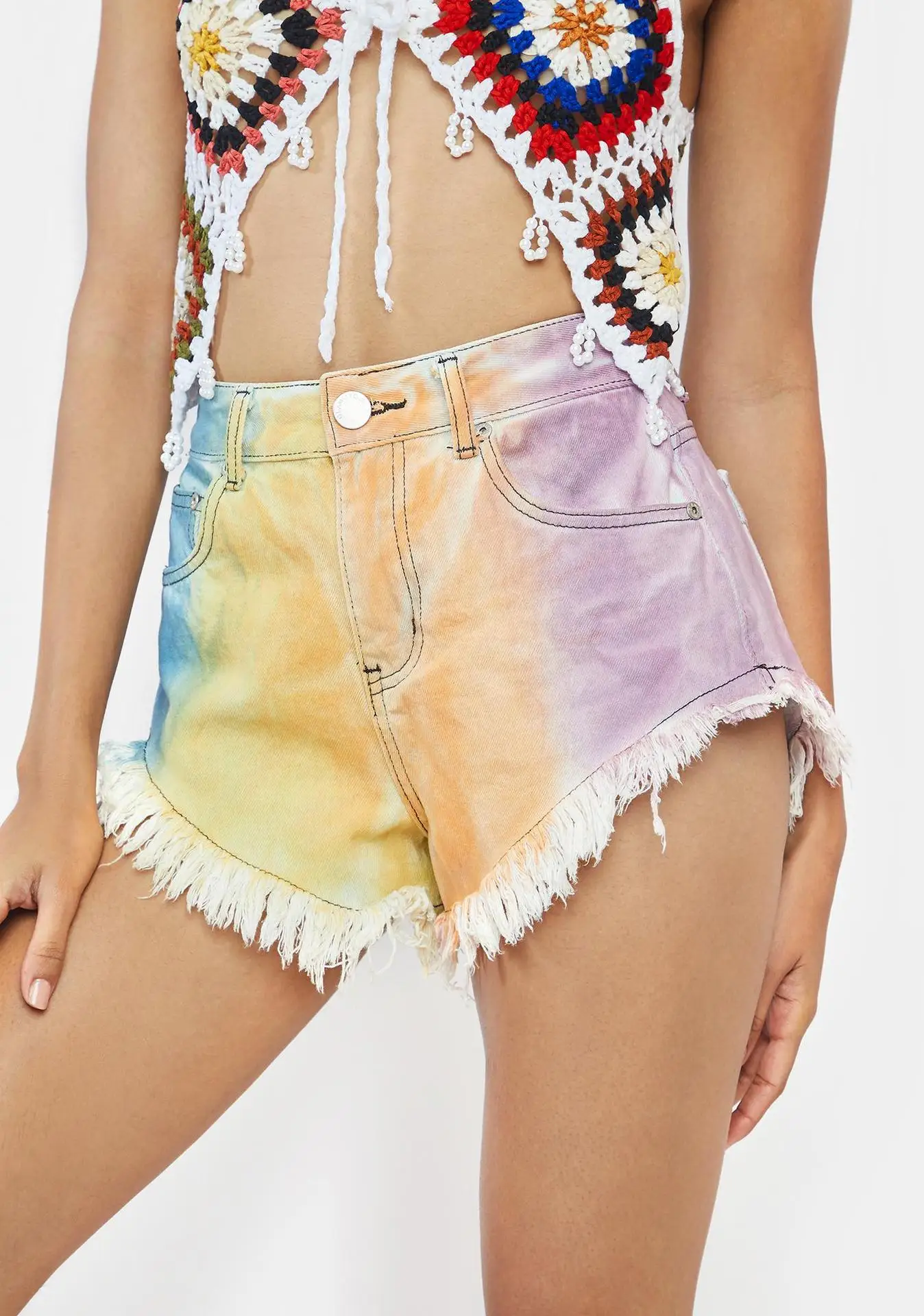 

Women Summer Jean Shorts Tie Dye Gradient Color High-Waist Frayed Tassels Denim Shorts for Girls