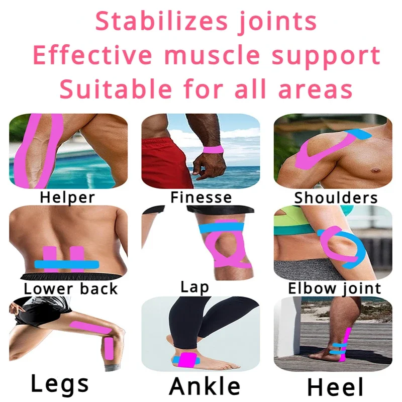 Kinesiology tape application guide showing use on thigh, wrist, shoulder, back, knee, elbow, and calf.