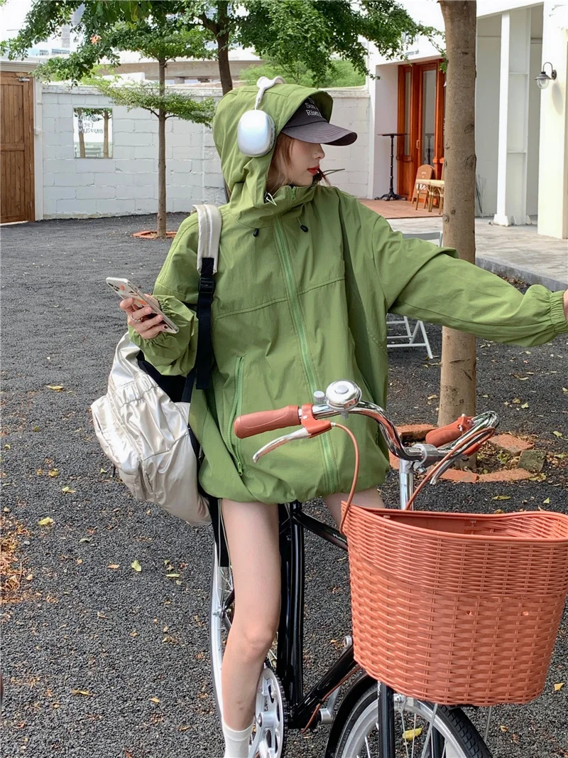American Green Windproof Jacket Women's Sprinter Autumn 2023 New Hooded Coat Loose Mid Length Long Sleeved Jacket
