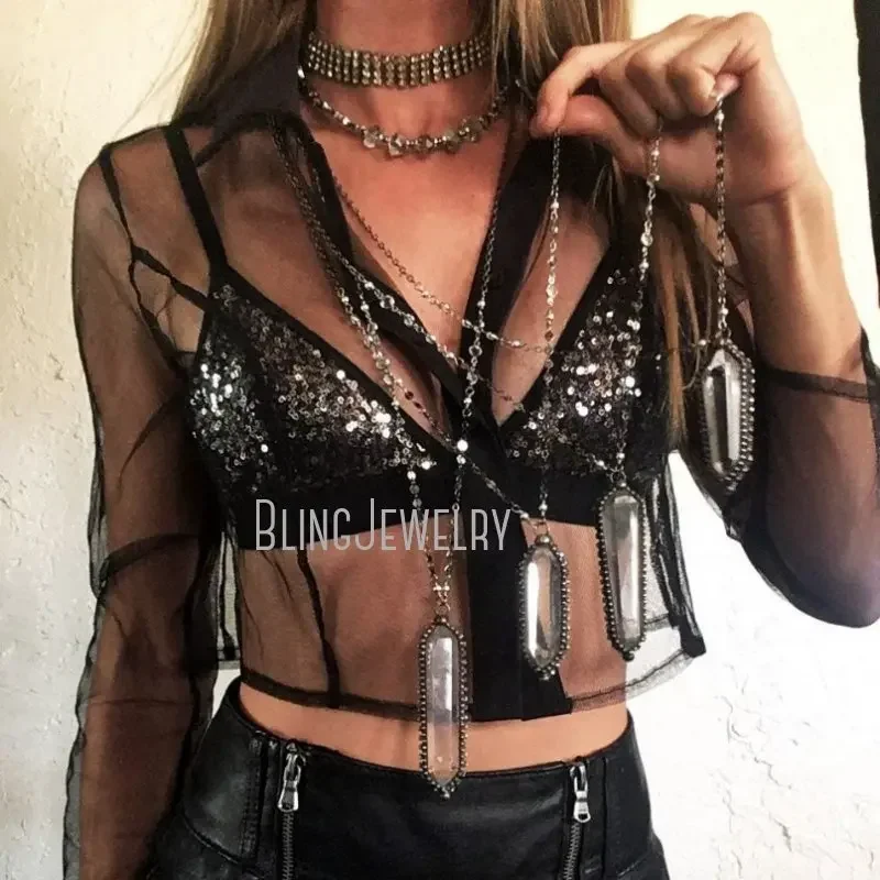 10pcs Gothic Crystal Stainless Steel Necklace Quartz Talisman Pendulum Goth Christmas Witch Accessory Halloween Y2K Emo Jewelry