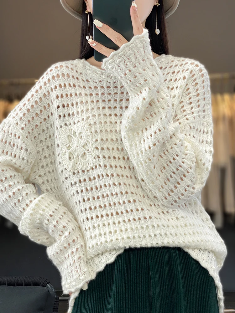 

Oversized Women Sweater 100Merino Wool O-neck Pullover Long Sleeve Jumper Hollowed Out Jacquard PatternSimple And FashionableTop