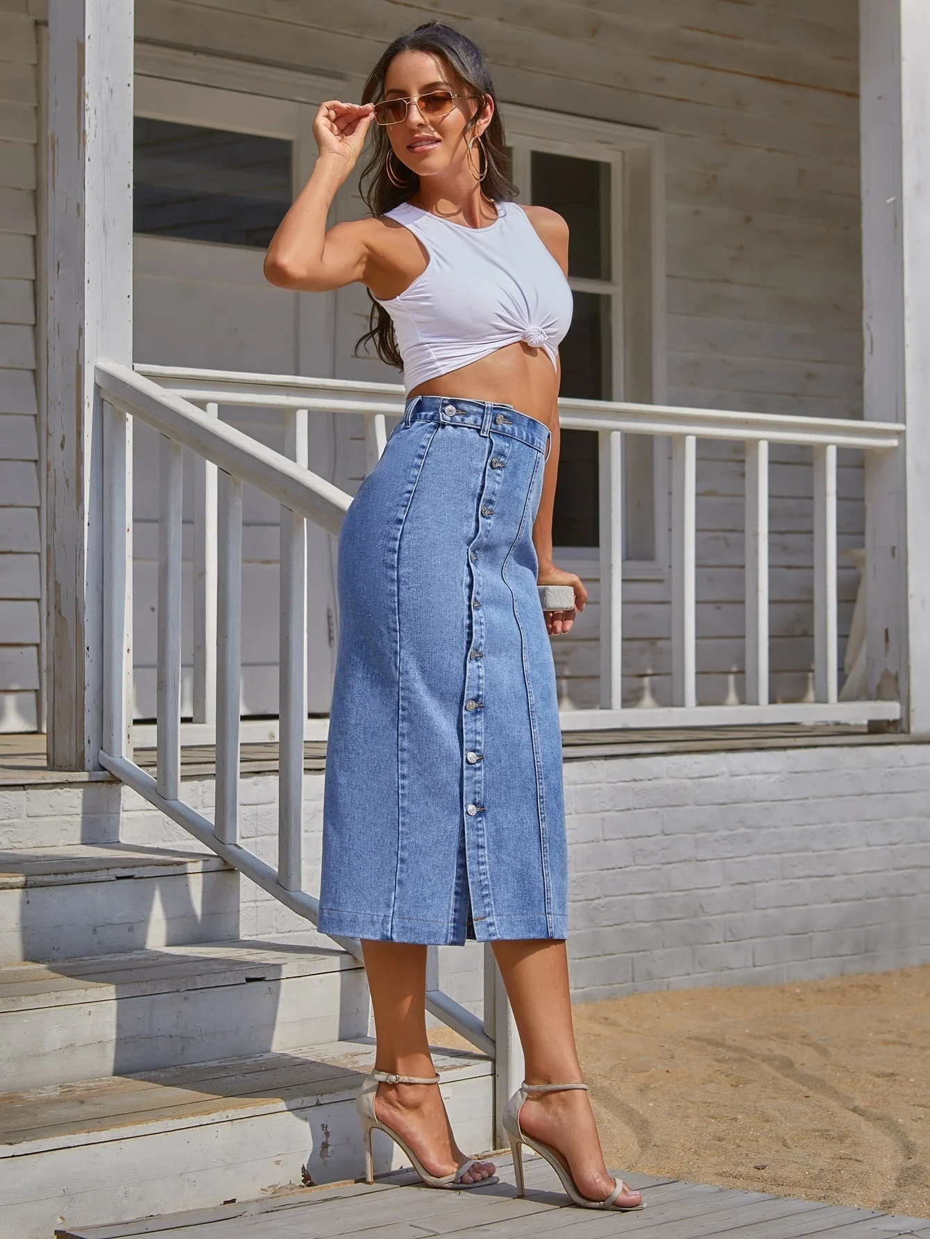 DGIRL Button Front Longline Denim Skirt Retro Long Summer Denim Skirts Girls High Waist Split Jeans Straight Maxi Denim Skirts mini skirts for women