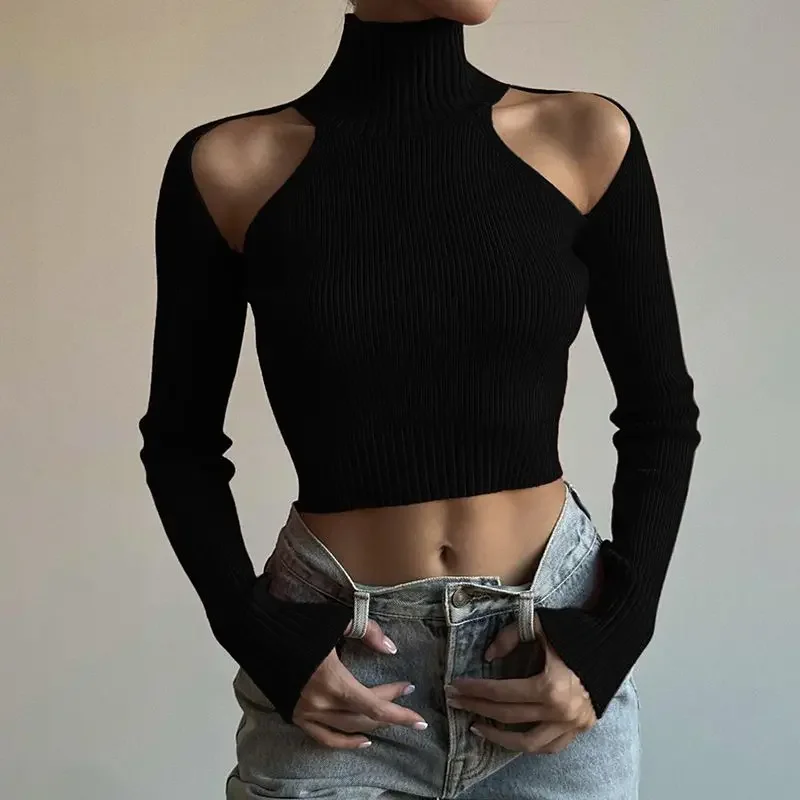 

European and American Hollow Off-shoulder High-neck T-shirt Women's Short Threaded Bottoming Shirt Slim Sexy Hot Girl Top Black