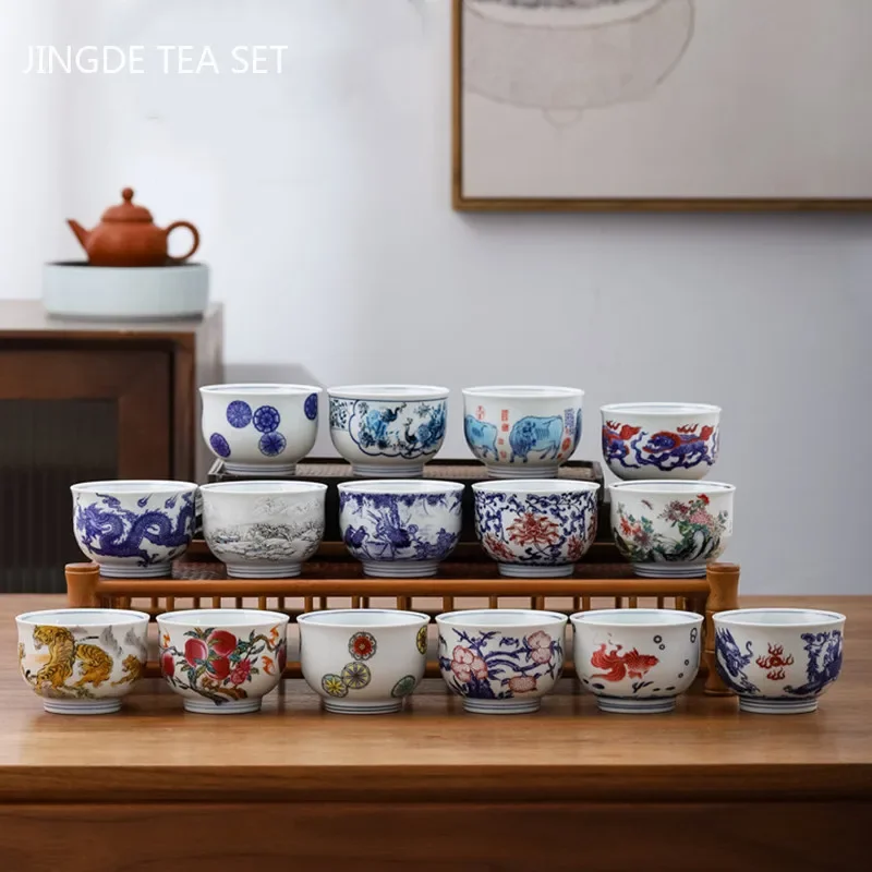 Retro Blue and White Nine Peach Cup Tiger Tea Cup Ceramic Master Tea Cup Household White Porcelain Tea Set Handmade Teacup