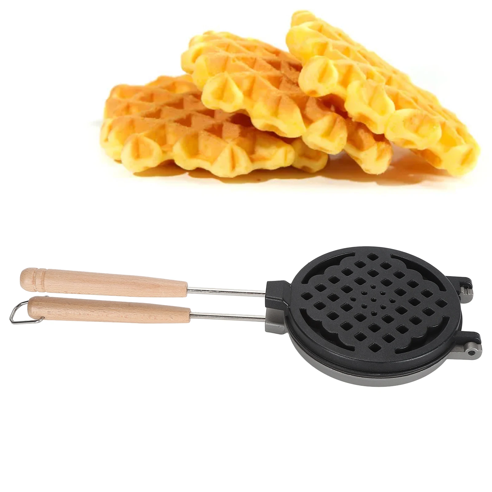 Camping Wraffle Maker Removable Handle Nonstick Waffle Maker Pan Wood Aluminum Alloy Even Heat Distribution Non Stick for Home