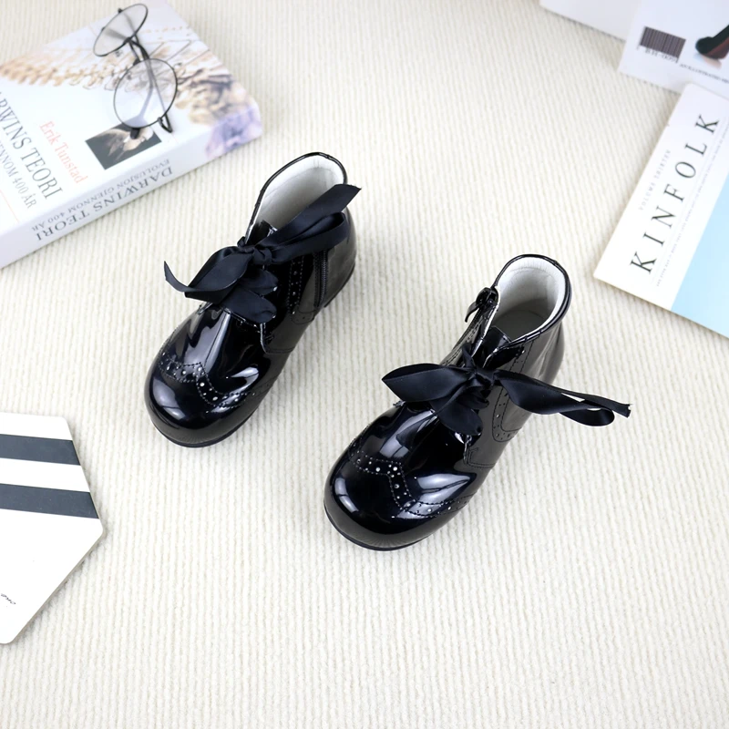 Autumn Flat Round Toe Brogue Style Shoes Zipper Bullock Version Little Girl Leather Boots Single Boots Kids Shoes for Girl