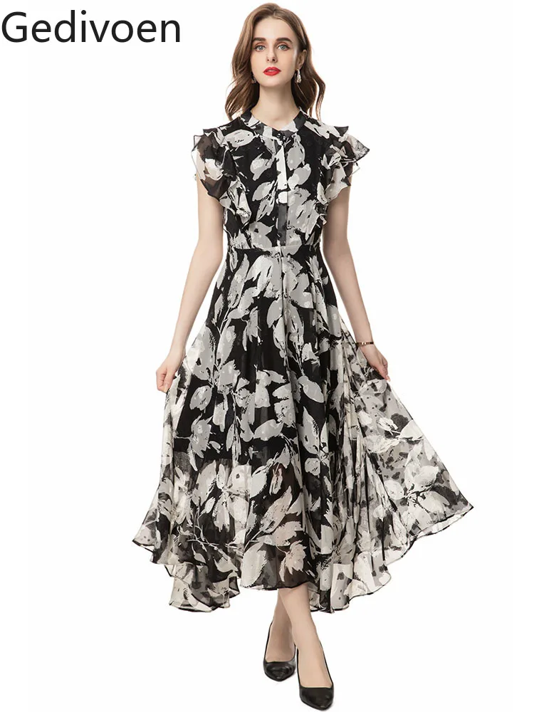 

Gedivoen Fashion Designer Summer Women's Dresses Petal Sleeve Sashes Print Office Lady Ankle-Length A-LINE Empire Dress