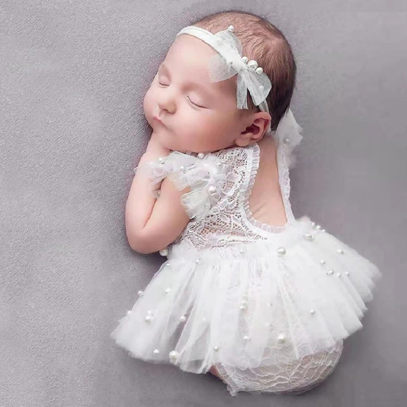 Lace Romper Newborn Photography Props Dress Girl Accessories Headband Photo Suit Baby Costume Infant Birth Outfit Summer 0 Month