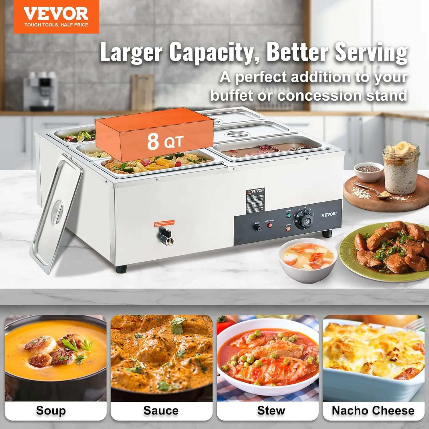 6-Pan Commercial Food Warmer, 6 x 8QT Electric Steam Table, 1500W Professional Countertop Stainless 2