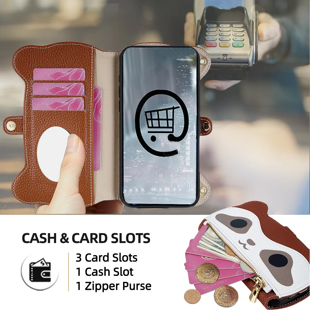 Luxury Leather Flip Wallet Phone Case with Card Slots and Lanyard