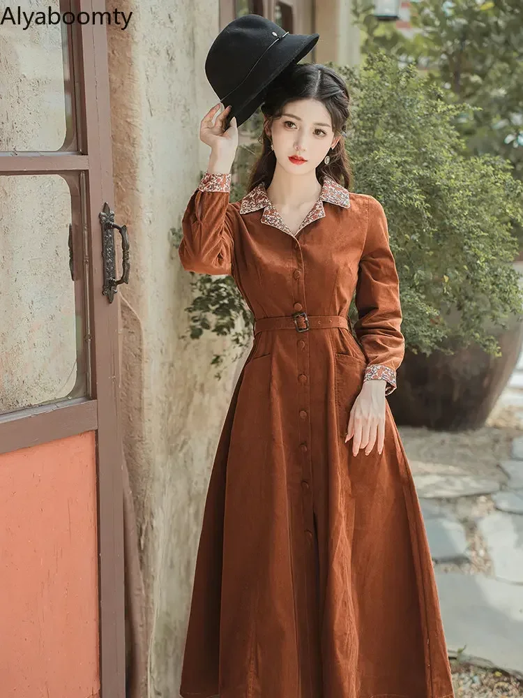 England Style Autumn Spring Women Midi Shirt Dress Turn-Down