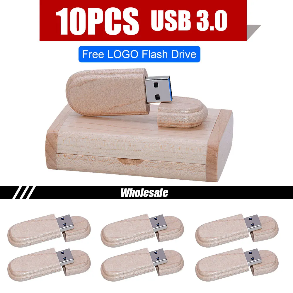

10pcs USB 3.0 high speed Wooden USB flash drive Maple wood+box pendrive 4GB 16GB 32GB 64GB memory stick gifts free custom logo