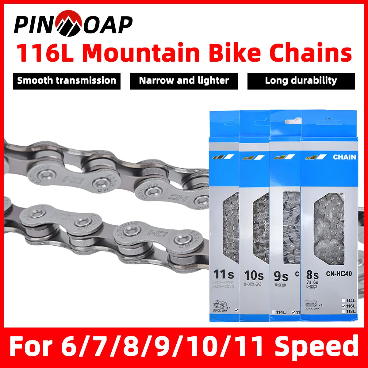 PINMOAP 6/7/8/9/10/11 Speed Mountain Bike Road Bike Variable Speed Chain Chromium-Molybdenum Steel Material 116L Bicycle Chain