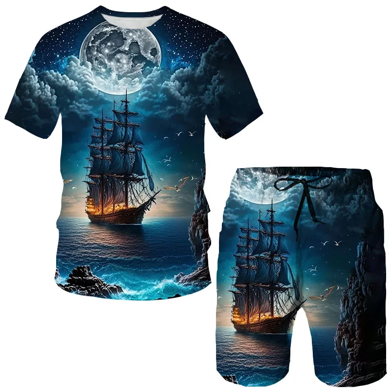 Summer Pirate ship 3D Print T-Shirts Shorts Sets Men's Tracksuits Oversized Short Sleeve T Shirt Pants Set Man Suits Clothing 3