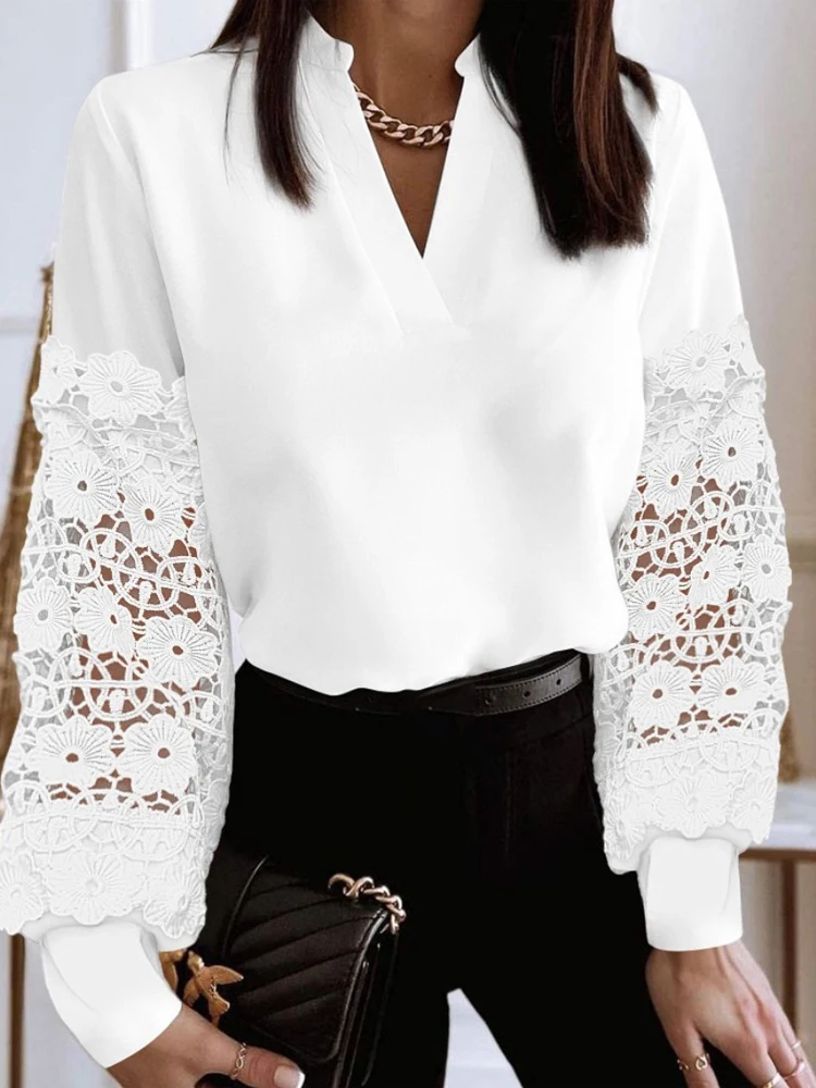 Lace Floral Embroidery V Neck Blouse for Women