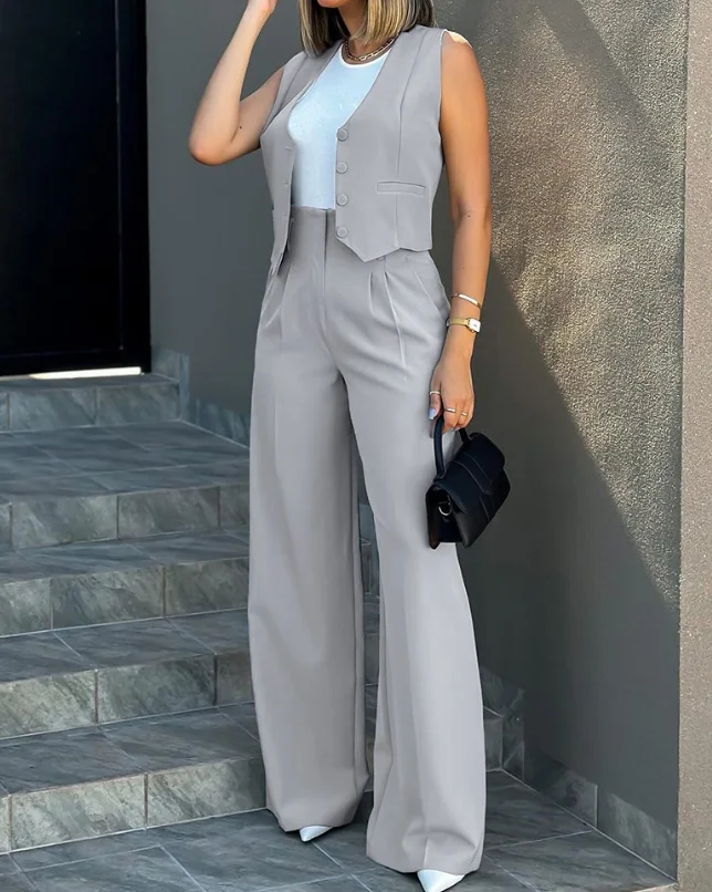 Office Lady Women'pants Set Sleeveless Buttoned Vest Top & Wide Leg Pants Set High Waisted Wide Leg Pants Suits Summer