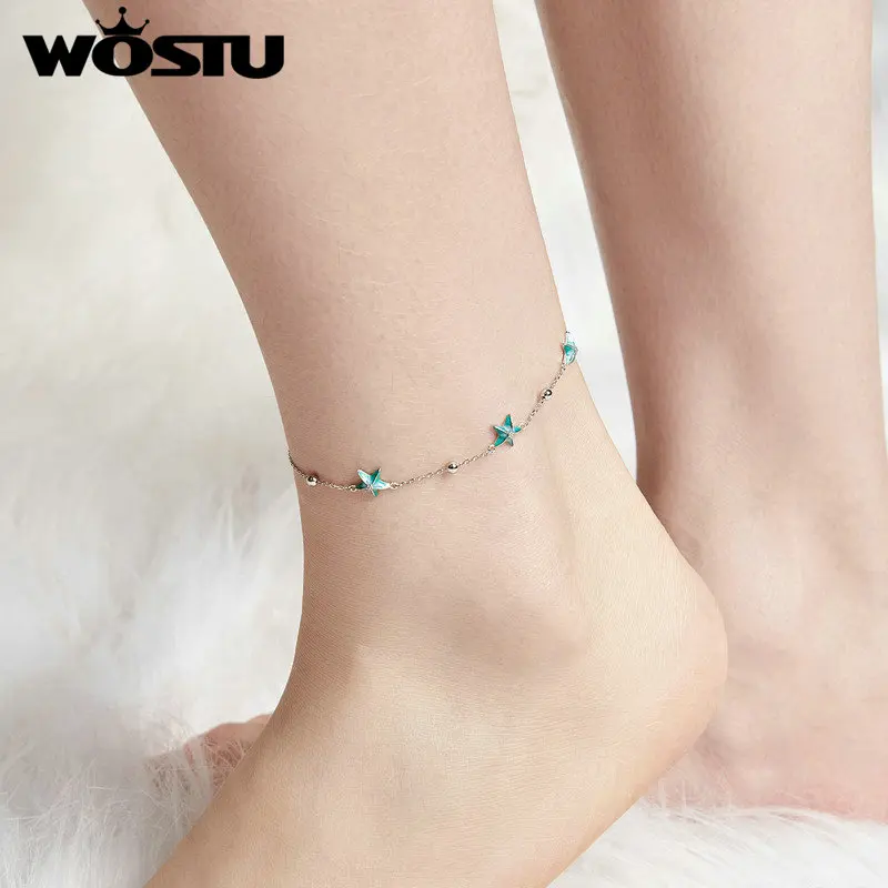 WOSTU 925 Sterling Silver Blue-green Starfish Anklet White Gold Plated Adjustable for Women Fine Jewelry Party Daily Gift