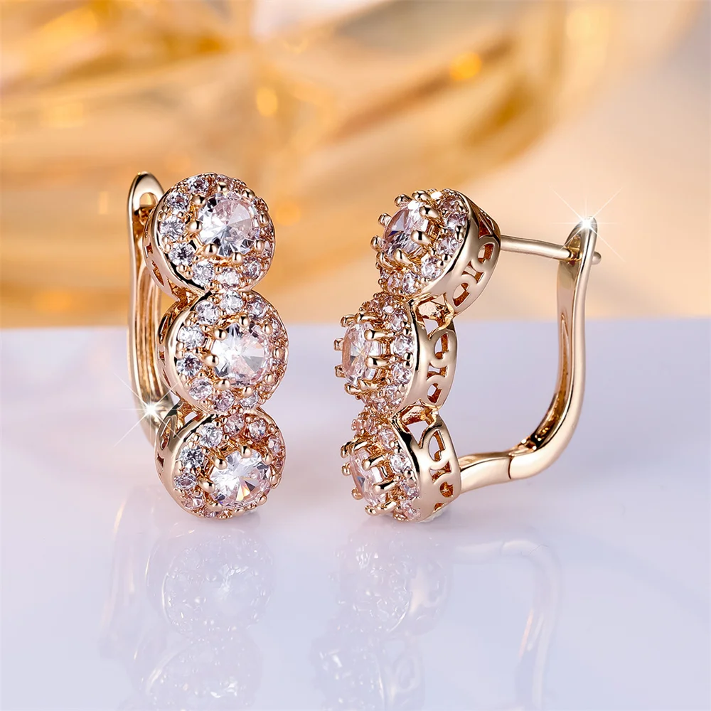 Cute Round Stone White Zircon Small Hoop Earrings For Women Vintage Gold Color Ear Buckle Wedding Jewelry Engagement Party Gifts