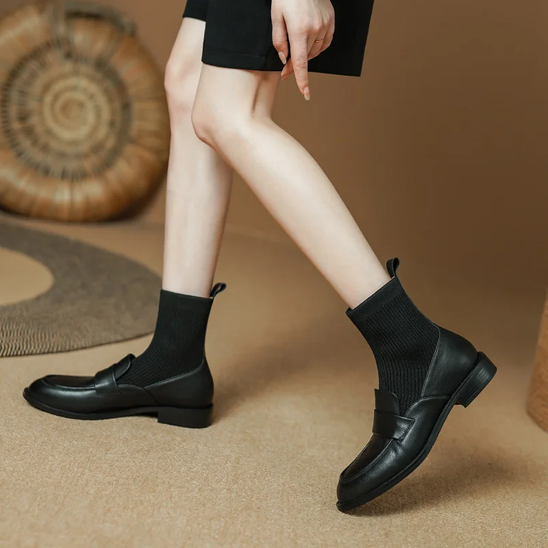 

Женские ботинки-носки из натуральной кожи на низком каблуке, офисные женские короткие ботильоны с круглым носком и переплетением на массивном каблуке в стиле ретро, колледжа, 2023