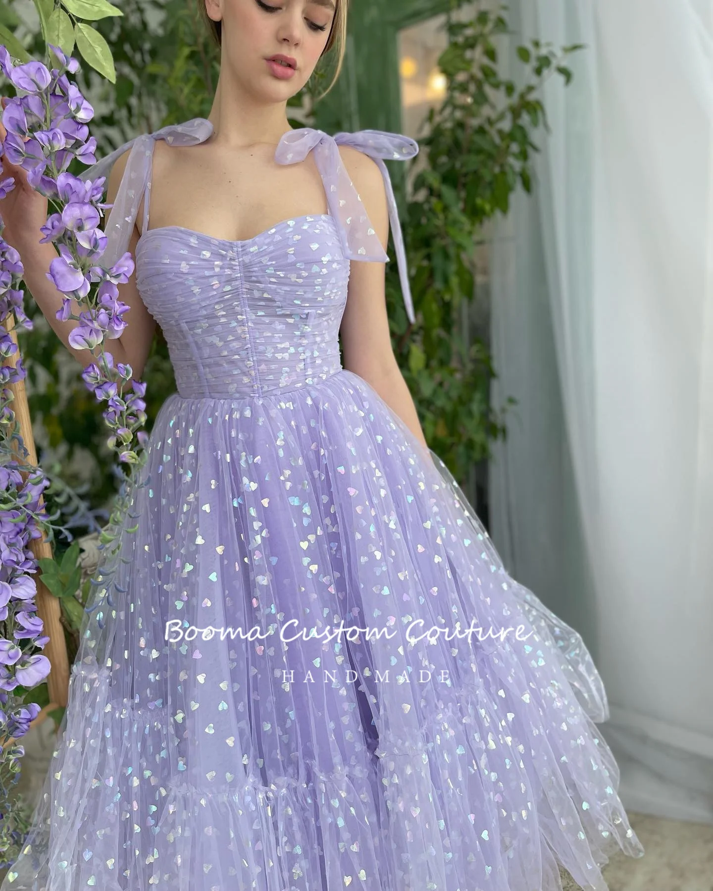 Booma Mint Green Hearty Prom Dresses Tied Bow Straps Sweetheart Midi Prom Gowns Pockets Tea-Length Wedding Party Dresses women prom dresses
