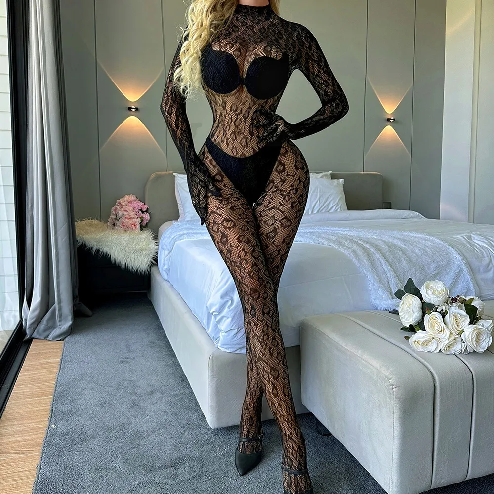 Sexy Lingerie Bodysuit Women Woman Long Sleeves Women's Lace One-piece Fishnet Stockings Porn Underwear Net Clothes Erotic Mesh