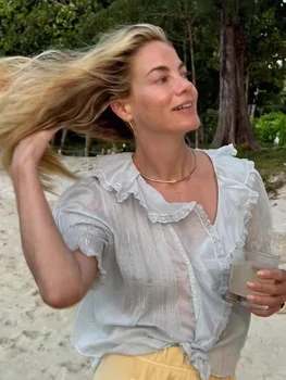 Lace Patchwork Women 2 Colors Shirt Summer Ruffles V-Neck Puff Sleeve Single Breasted French Countryside Blouse