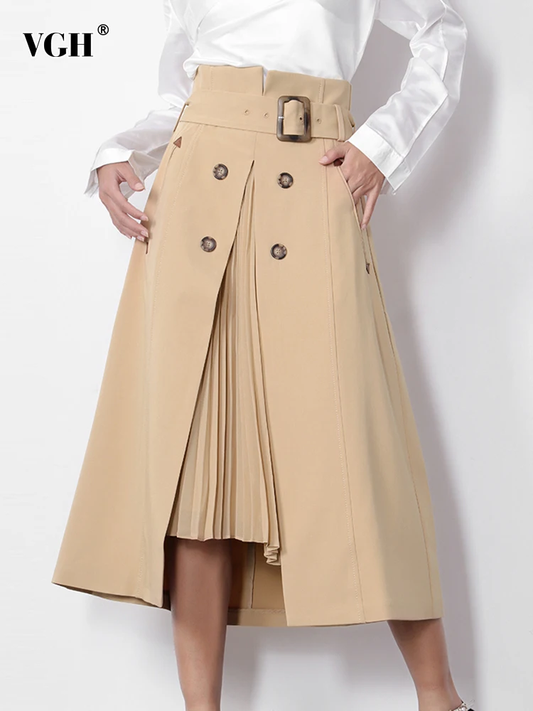 

VGH Patchwork Belt Skirts For Women High Wawist Split A Line Ankle Length Elegant Temperament Skirt Female Summer Fashion Style