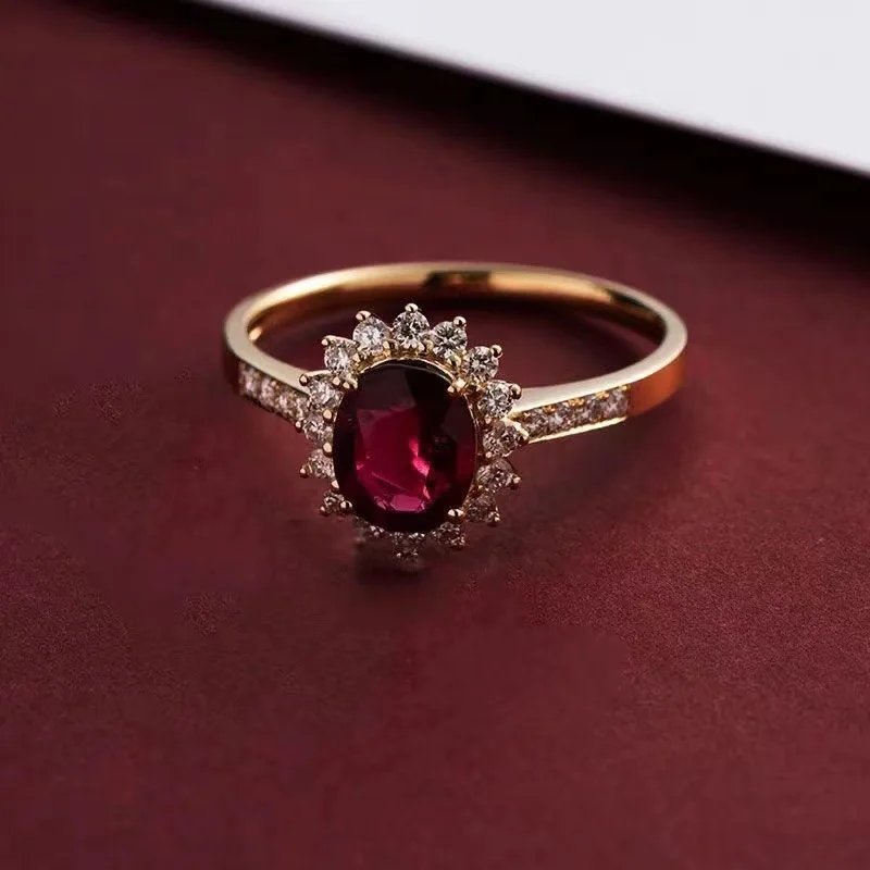 CCFJOYAS 100%  18k 골드 도금 레트로 루비 ? ? 여성용 반지 절묘한 타원형 로즈 레드 지르콘 빈티지 핑거 링