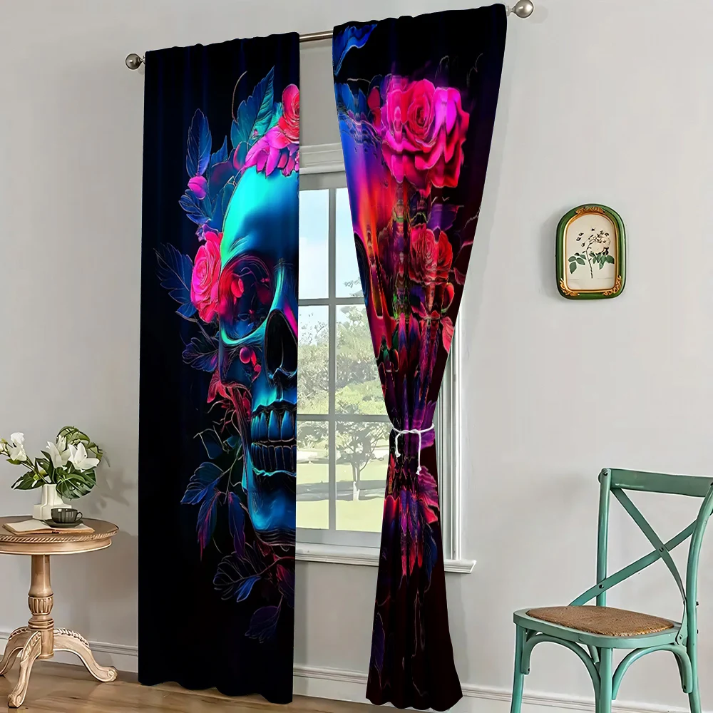 2pc,Party Curtain  Horror Skull Durable Polyester,Without Electricity Family Party Decoration Use for Holiday Portraits and 4