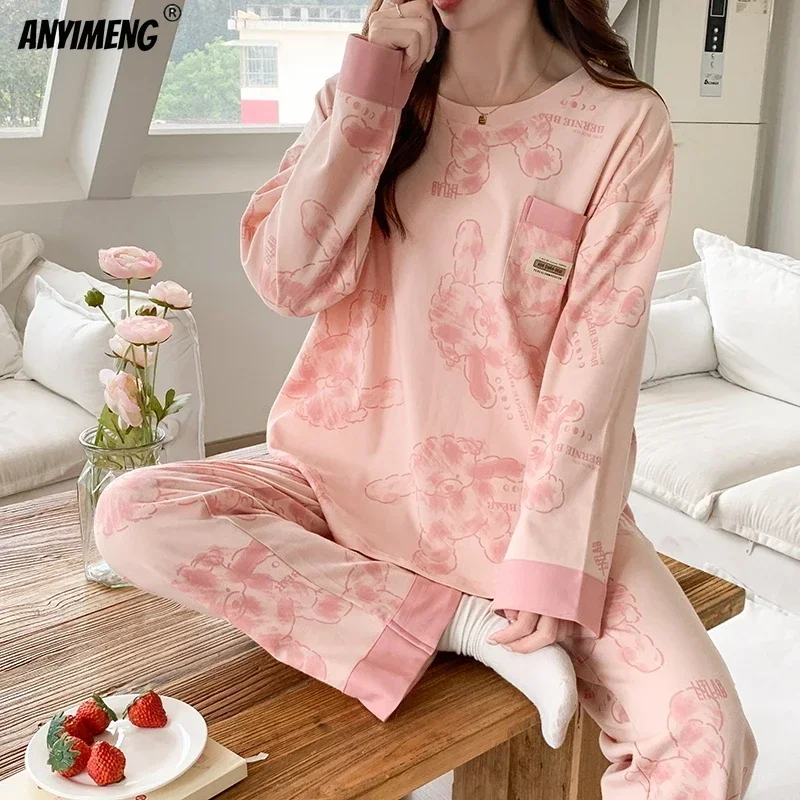 thumbnail image 1 of Conjunto de pijamas coreanos dulces para mujer, ropa de dormir de algodón sintético, ropa de dormir informal de manga larga, ropa de dormir bonita de dibujos animados para niña, otoño e invierno, 1 of 5