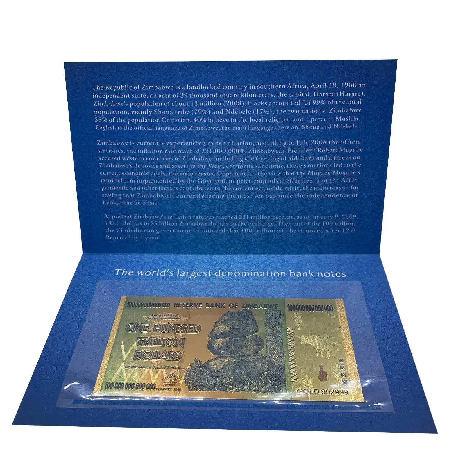 Custom Zimbabwe One Hundred Trillion Dollars Gold foil Banknote $100 trillion golden money with blue book for collection