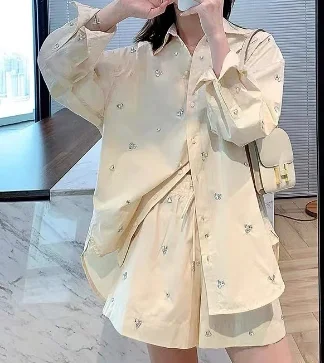 

Women's Rhinestone Decoration Casual Loose Pants Suit Spring Summer Long Sleeve Shirt or Elastic Waist Shorts