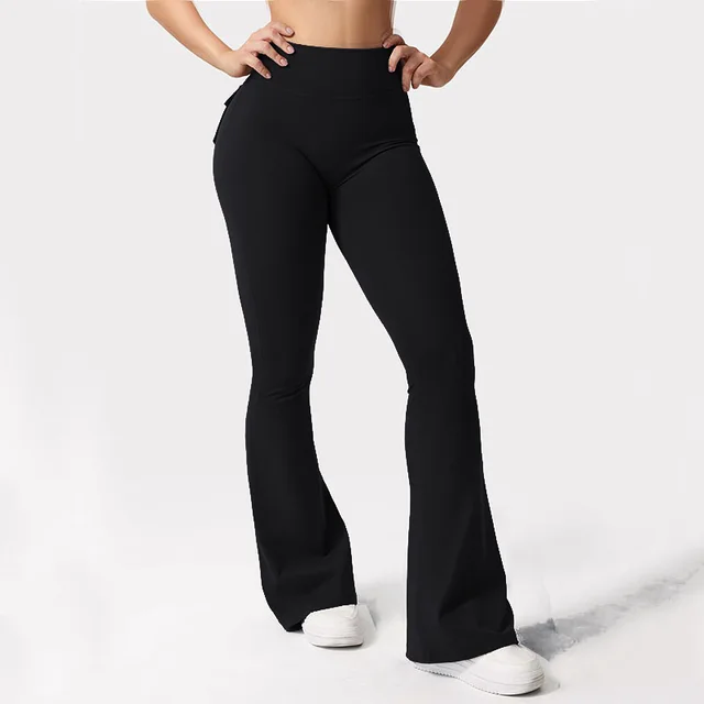 Hot Selling Women'S New High Waist Gym Scrunch Bum Sport Tights Flared Leg Gym Yoga Pants With Button Pockets Fitness Clothing