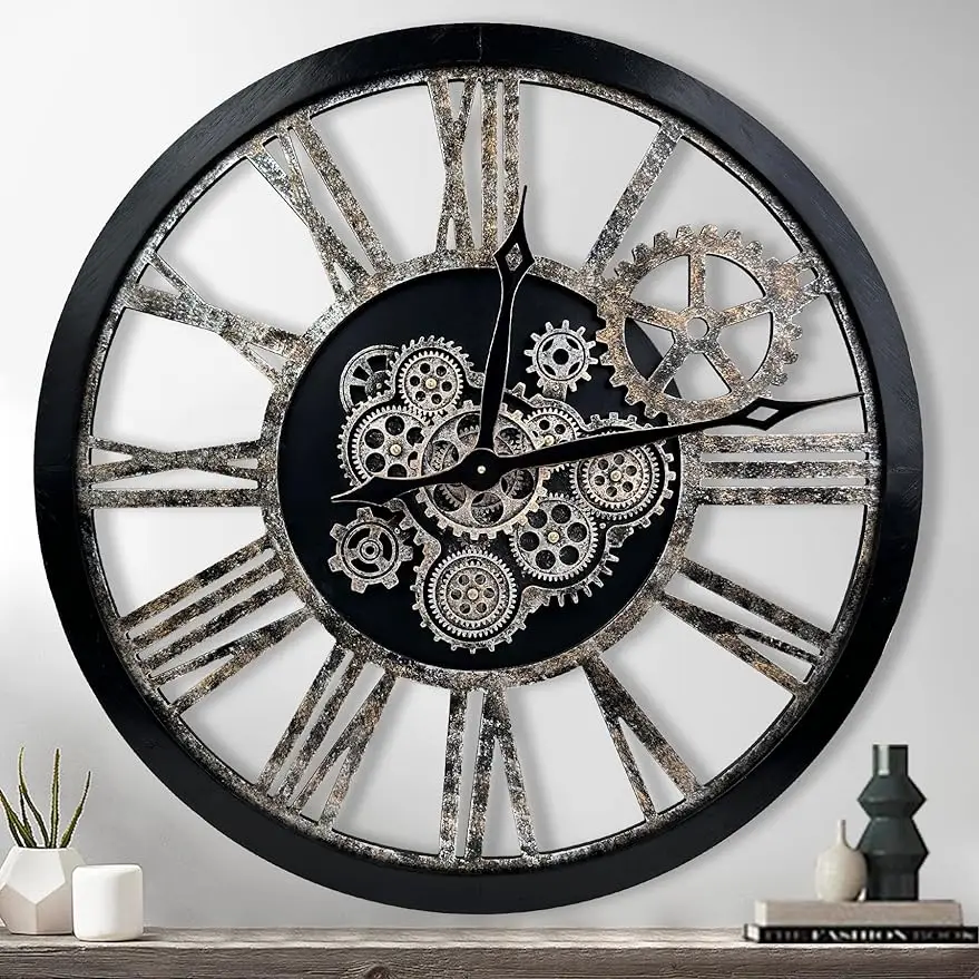 

The B-Style Large Real Moving Gears Wall Clock 30 inch Rustic Retro Industrial Farmhouse Wood Clock