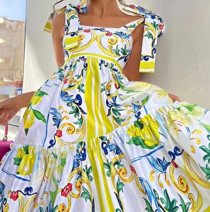 

Elegant Party Dresses for Women 2023 Summer New Fashion Casual Sexy Vacation Strap U Neck Flower Print Long Dress