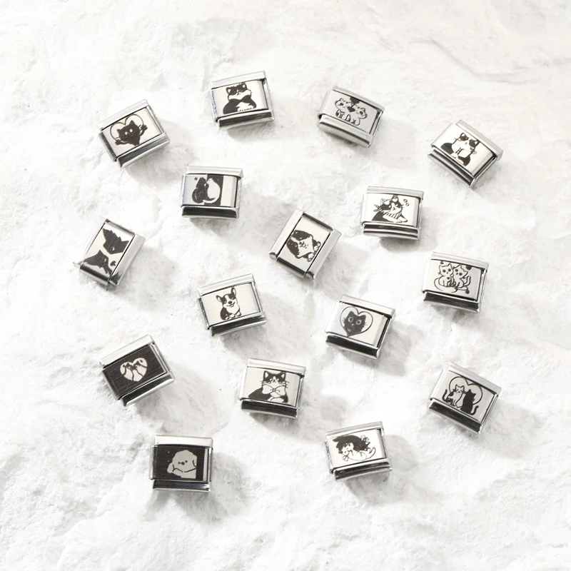 Black Cartoon Cute Cats Dogs Laser Engraving Italian Charm Links 9mm Stainless Steel Bracelet DIY Jewelry Gifts