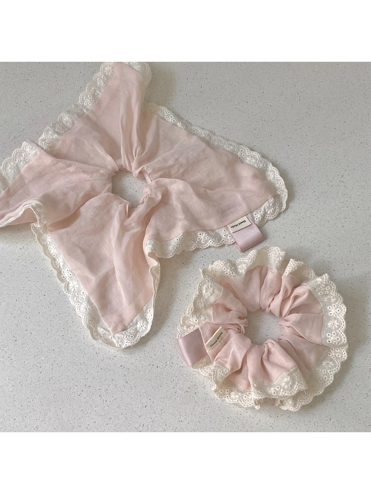 Zartrosa Sanfte Spitze Dicker Haargummi Süßes Mädchenherz Quadratischer Schal Eleganter Pferdeschwanz-Haarschmuck – Detail 3