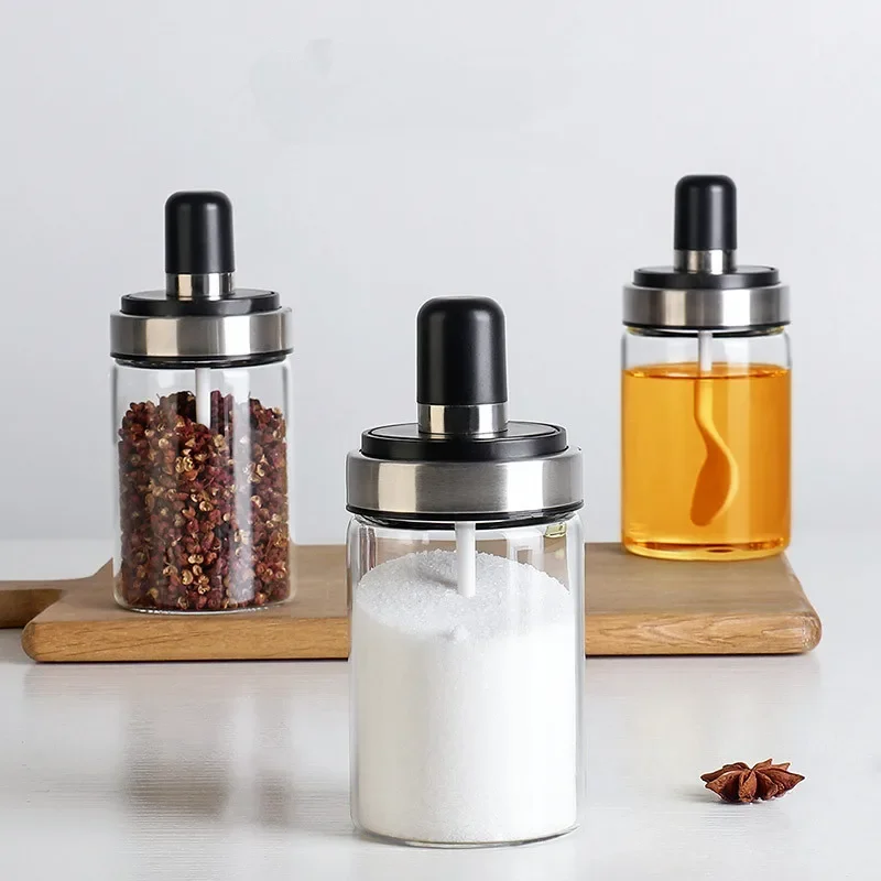 Convenient Transparent Container Spice Jars Seasoning Bottle with Spoon Salt&Pepper Shakers Sugar Glass Utensils Kitchen Tools