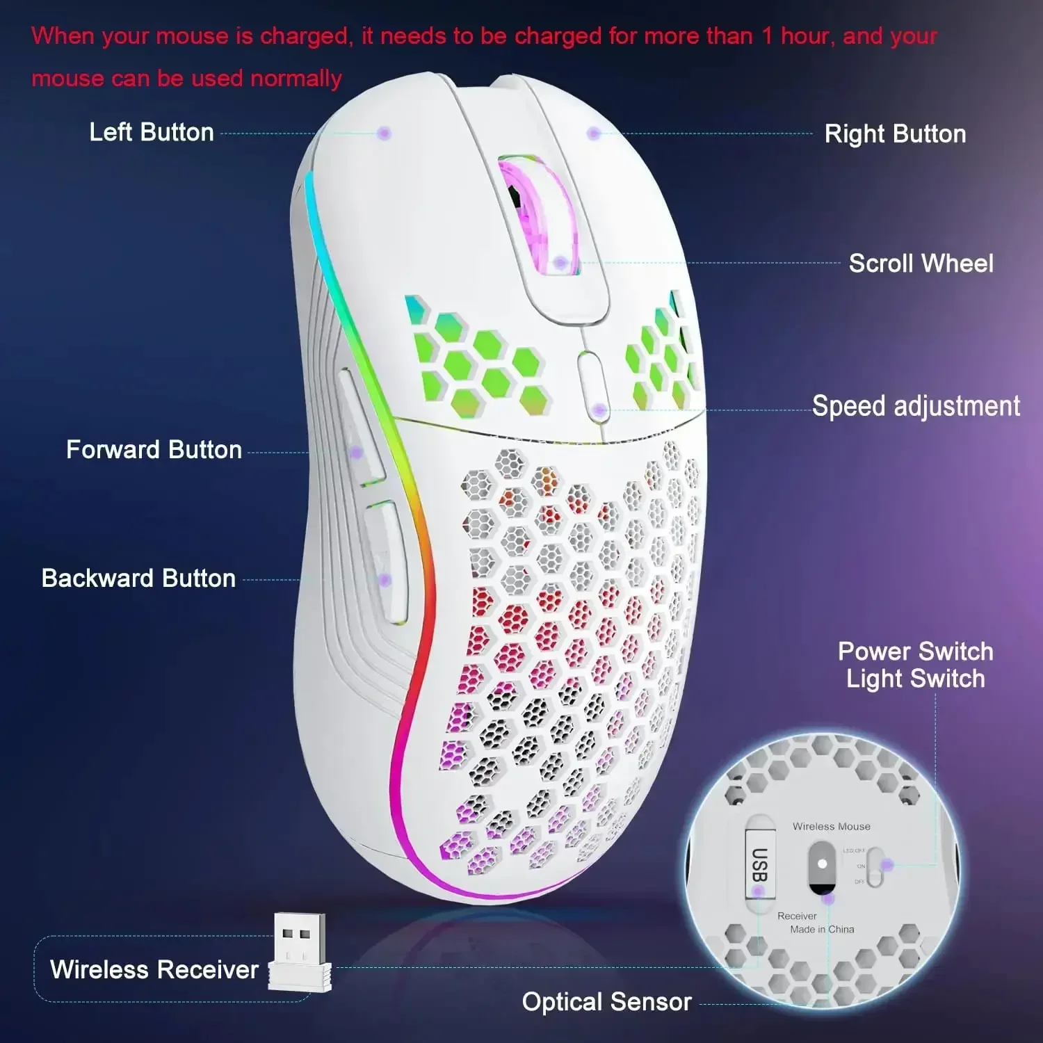 Wireless Gaming Mouse 2.4G RGB Lighting For Desktop Laptop