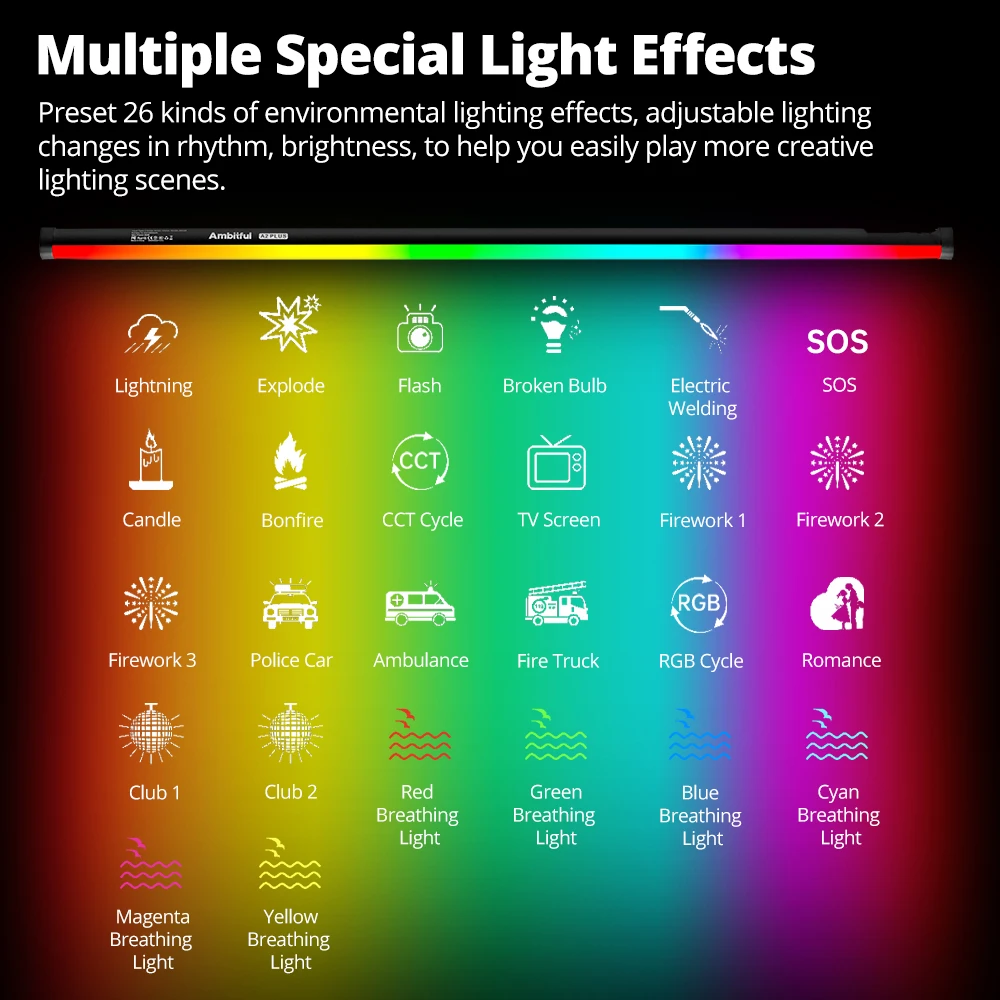 AMBITFUL A2 plus 2500K-8500K RGB Tube Light Full Color LED Video Stick Light CRI 95+ TLCI 97+，Built-in Lithium Battery Control 4