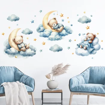 Acquerello Orso Sonno Luna Nuvola Adesivi murali per la cameretta dei bambini Camera da letto dei bambini Decalcomanie da muro Asilo nido Sfondo Decorazione della parete 1