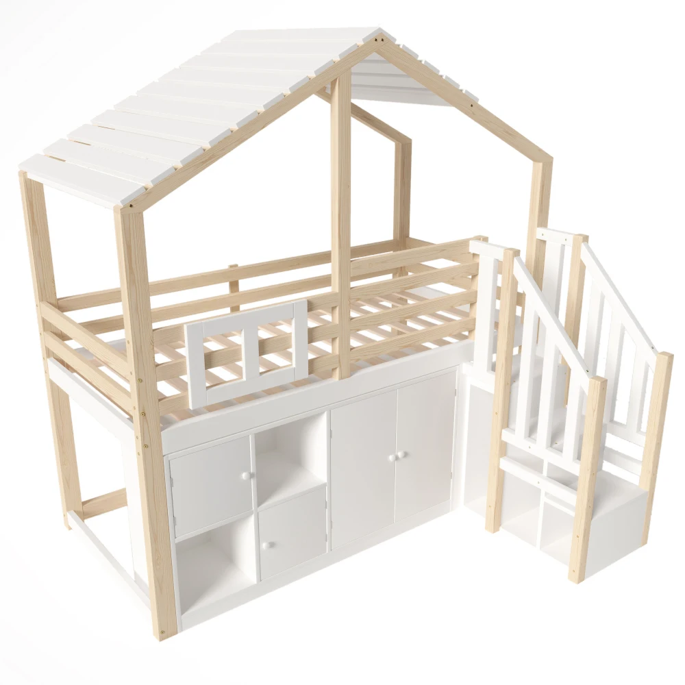 90x200cm modernes Kinderzimmer-Hochbett, mit Fenster und mehreren Schließfächern, Hausform, Bettgitter, Weiß + Natur (ohne Matratze) – Detail 9