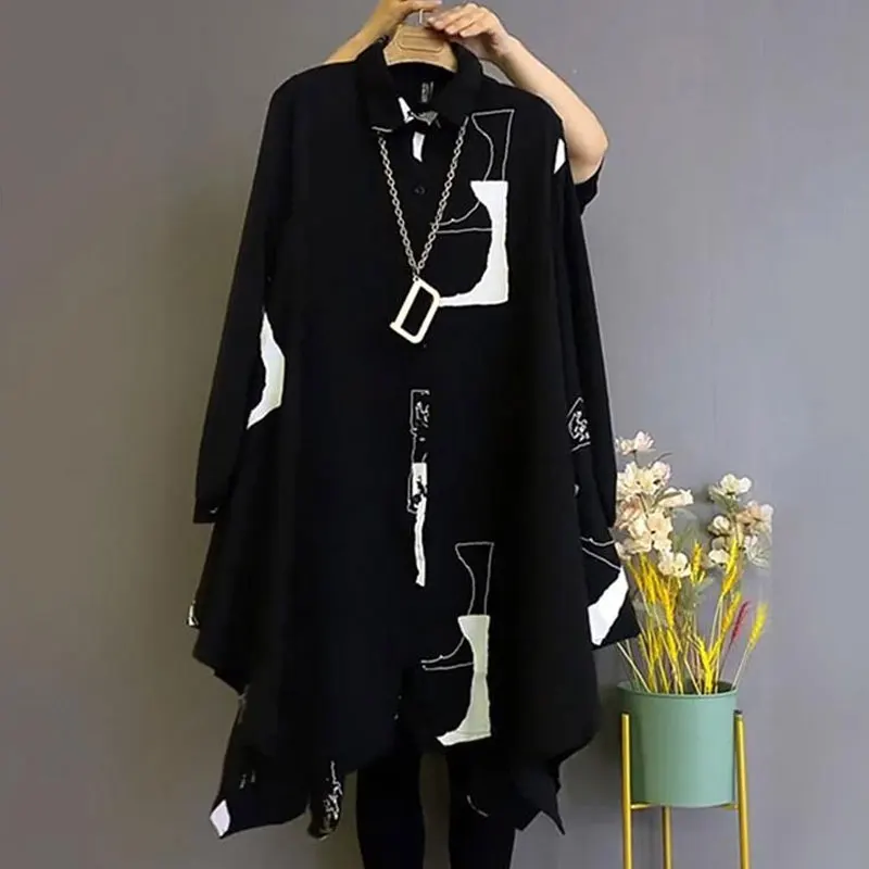 Casual Geometric Printed Loose Shirt Spring Autumn Single-breasted Female Clothing Commute Lapel Fashion Irregular Hem Blouse