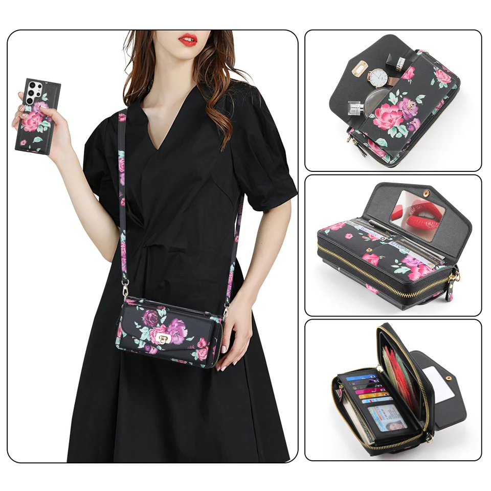 Luxury Detachable Magnetic Wallet Multi Card Flower Leather Shoulder Strap Case For Samsung Galaxy S23 S22 PLUS Note 20 Ultra Co