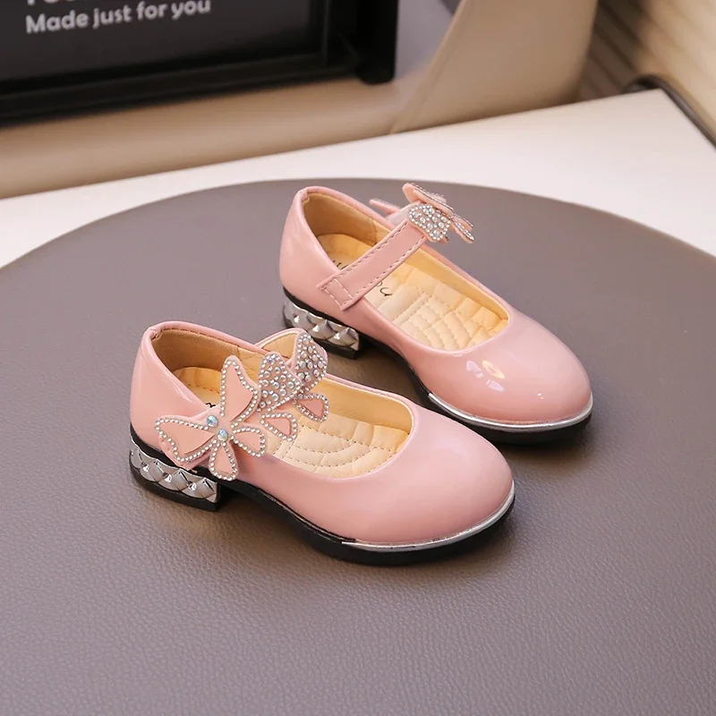 Girls Rhinestone Princess Shoes Children Leather Shoes for Party Wedding Kids High Heels Performance Shoes with Butterfly-knot